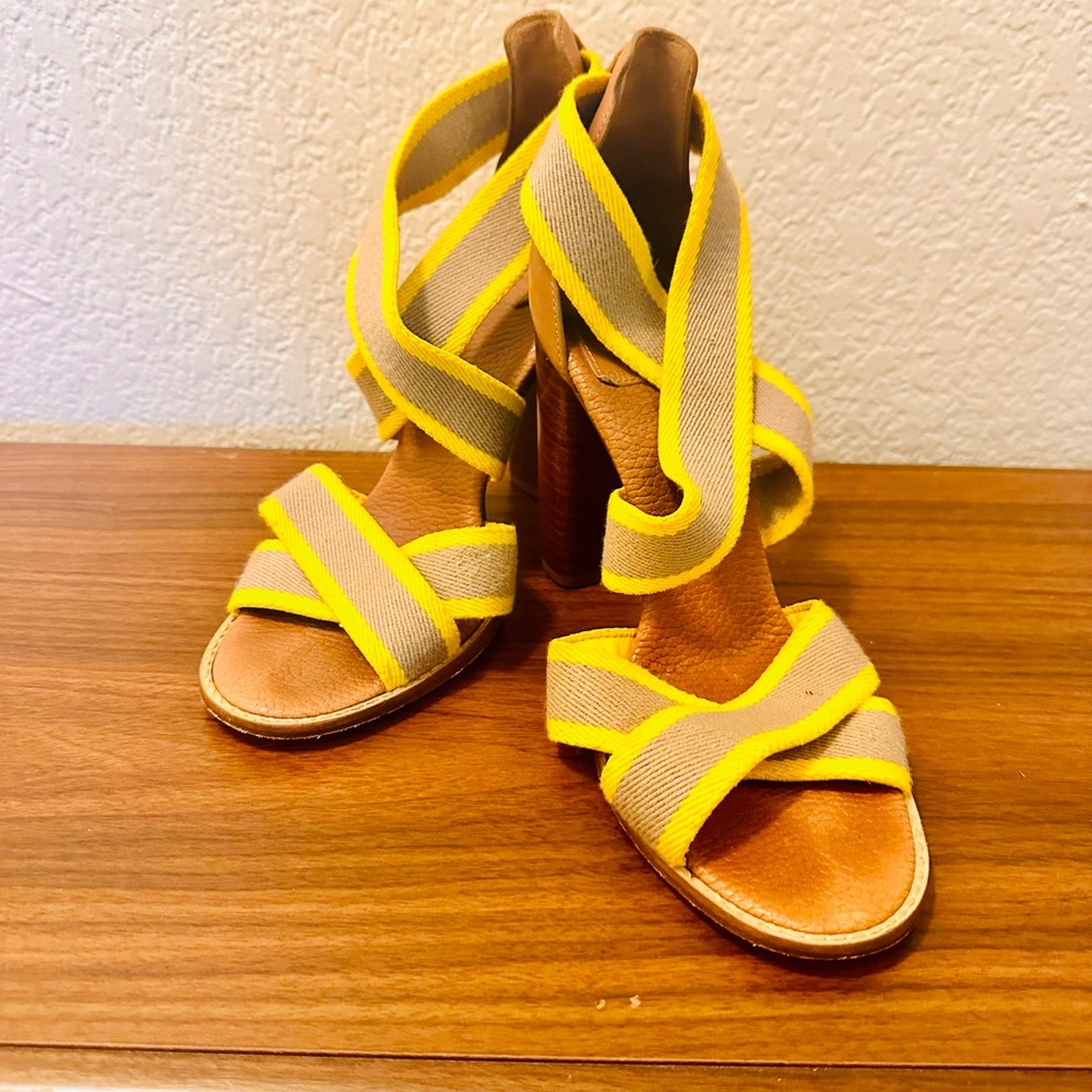 Tory Burch Yellow and Tan Strappy Heels